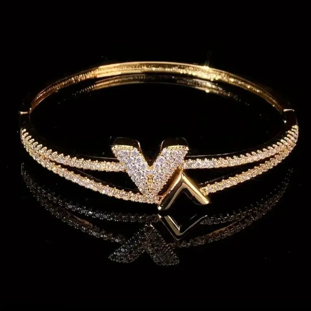 Gold Luxury Diamond Letter V Bangle Bracelet